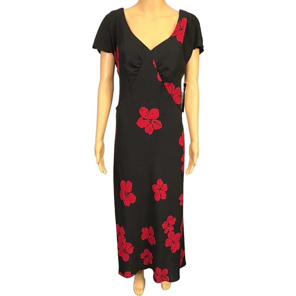 NEW S.L. Fashions Womens 10 Black Red Floral Flutter‎ Sleeve Maxi Dress